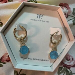 BP Gold Hoops with Blue Hexagon Drops